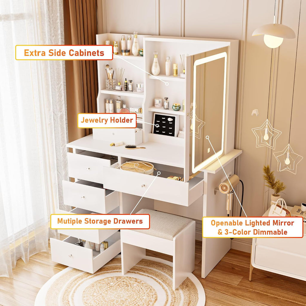 Vanity Desk with Mirror and LED Lights, Makeup Vanity Set with Power Outlet, and Stool,Jewelry Storage,White Vanity Desk for Bedroom
