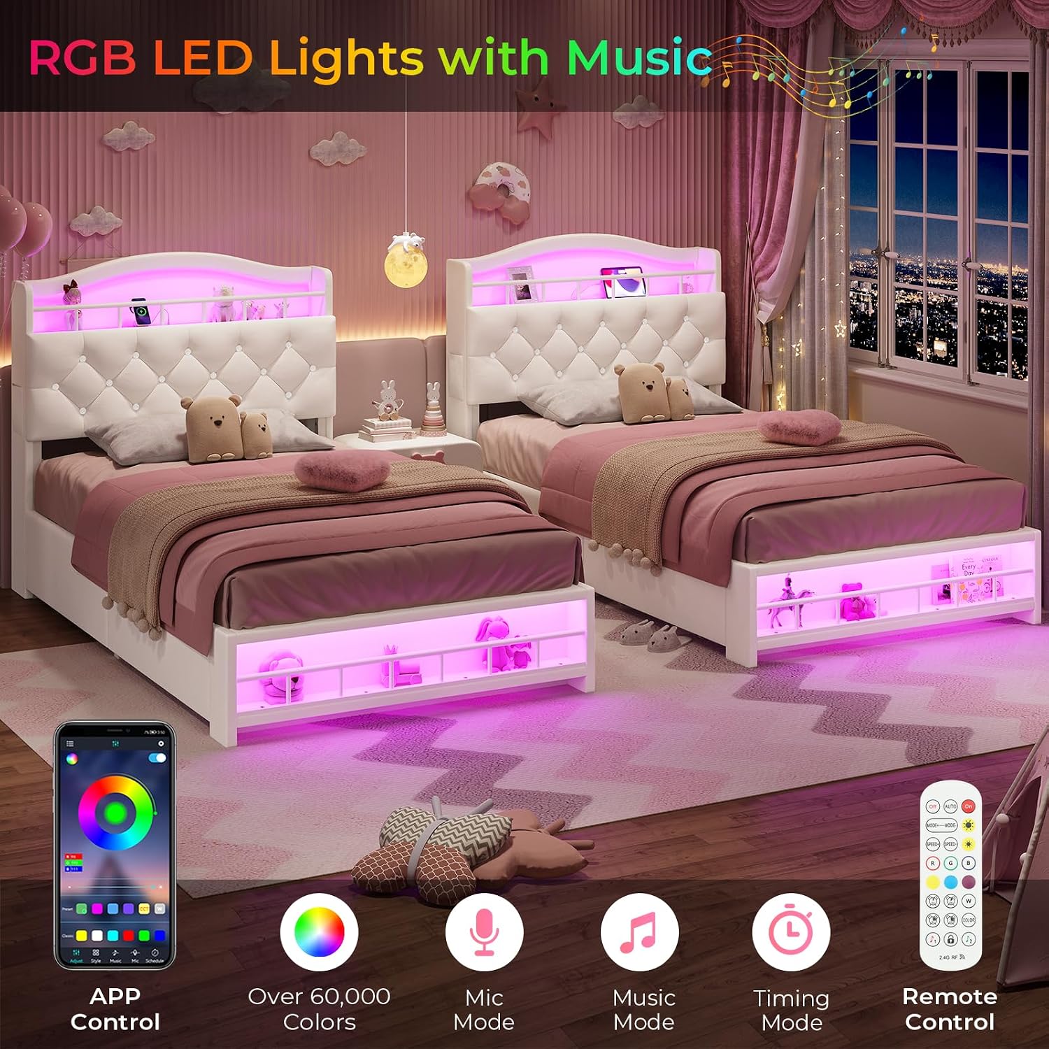 BTHFST Twin Bed Frame with Storage Headboard & 4 Drawers, Girl Upholstered Storage Bed with LED Lights & Charging Station, No Box Spring Needed, Easy Assembly, Beige