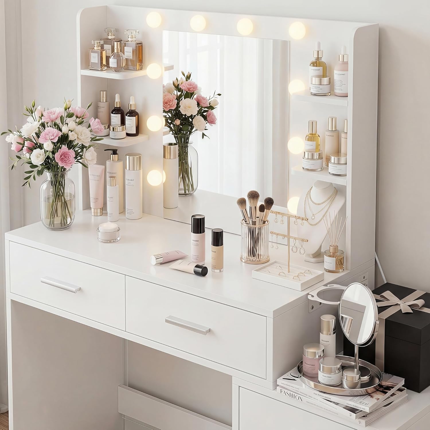 YESHOMY Makeup Vanity Desk with Mirror & Lights, Vanity Table with 5 Drawer, 6 Shelves, Charging Station for Bedroom, Dressing Room, Light White