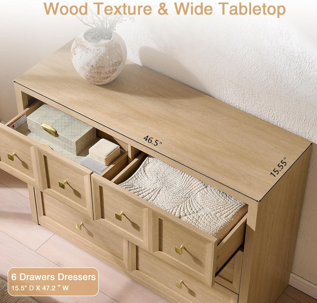 3-Piece Bedroom Set, 6 Drawer Dresser and 3 Drawer King Size Nightstands Set of 2 with Charging Station, 3 Piece Farmhouse Wood Bedroom Dresser and Nightstand Sets,Natural