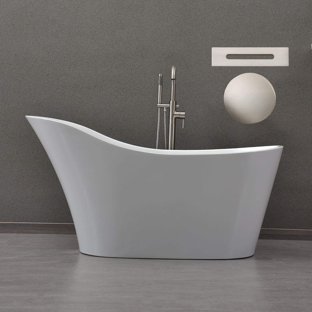 WOODBRIDGE 59' Acrylic Freestanding Bathtub Contemporary Soaking White Tub with Brushed Nickel Overflow and Drain，B0029-B/N-Drain&O