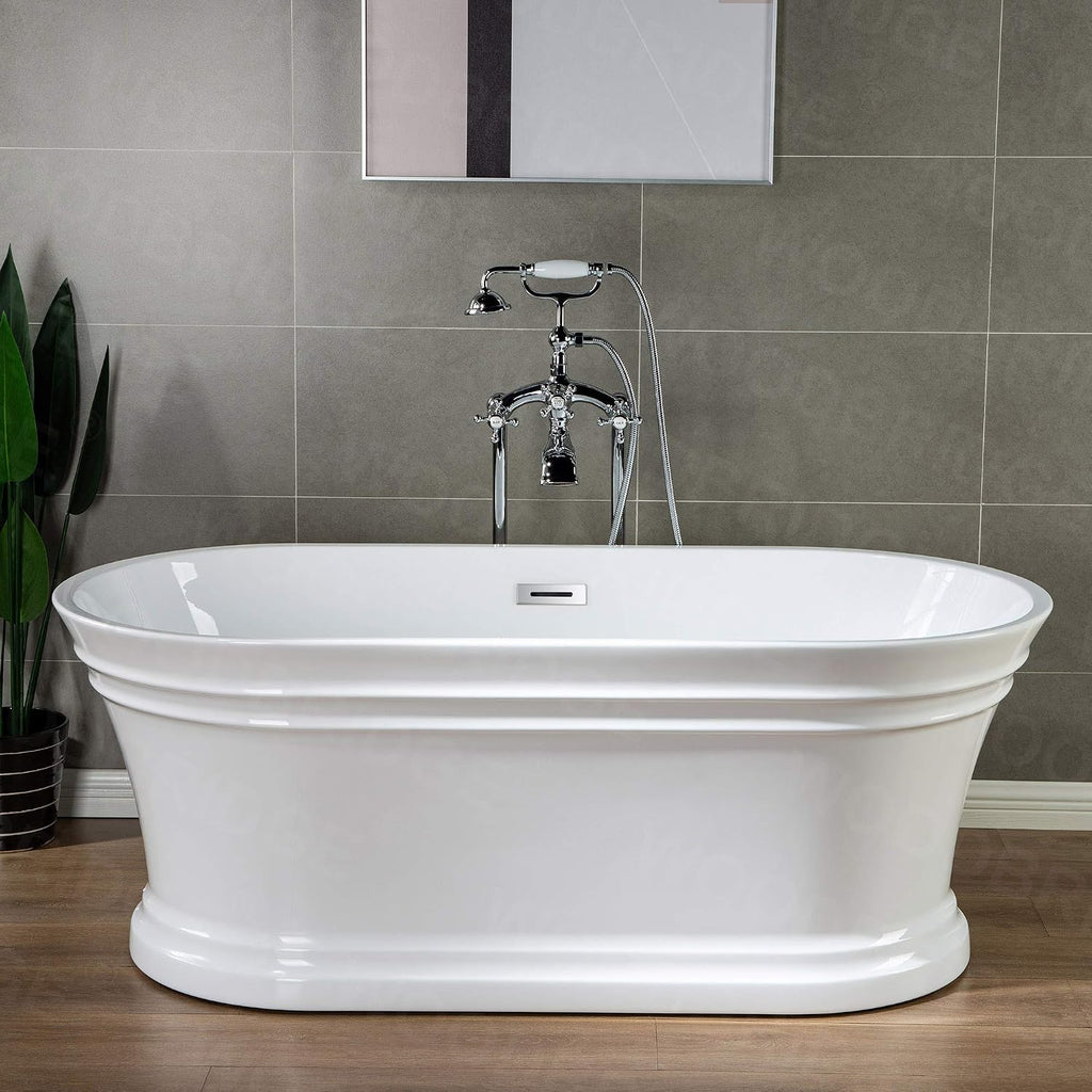 WOODBRIDGE 59'Freestanding White Acylic Soaking Bathtub with White Pillow,Drain and Overflow inChrome,BTA1536 -C-Drain &O+ Pillow