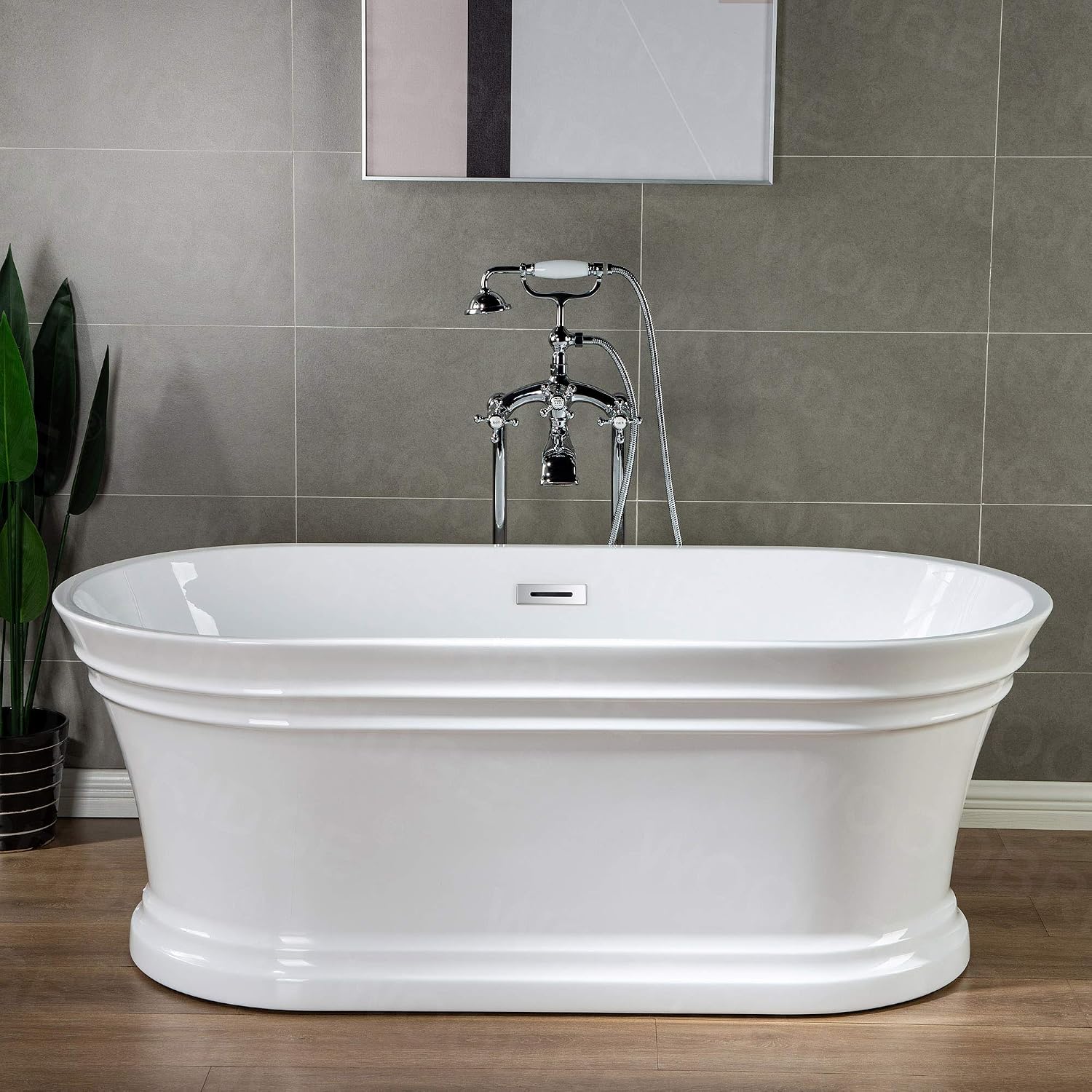 WOODBRIDGE 59'Freestanding White Acylic Soaking Bathtub with White Pillow,Drain and Overflow inChrome,BTA1536 -C-Drain &O+ Pillow