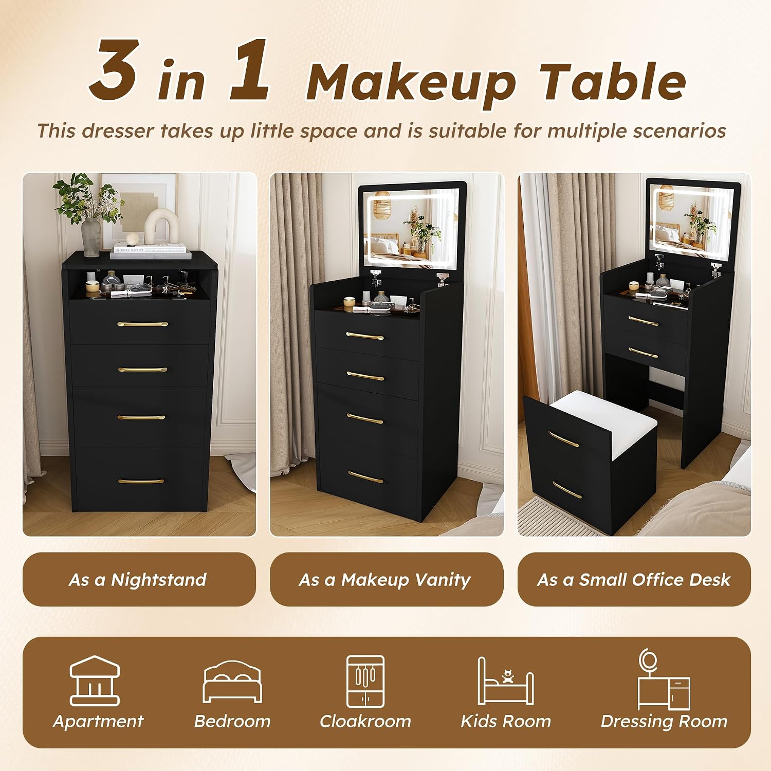 3 in 1 Vanity Desk with Plip Top Mirror and Lights,Small Make Up Vanity Set with Visible Glass Desktop,Compact Makeup Vanity with 3 Drawers,Dressing Table for Bedroom,Black