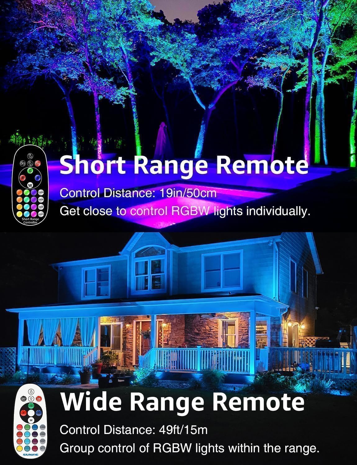 SUNVIE RGBW Low Voltage Landscape Lights Color Changing 12W LED Landscape Lighting Outdoor Waterproof Remote Control for Garden Yard Pathway Christmas Decorative Lighting, 12 Pack with Connector