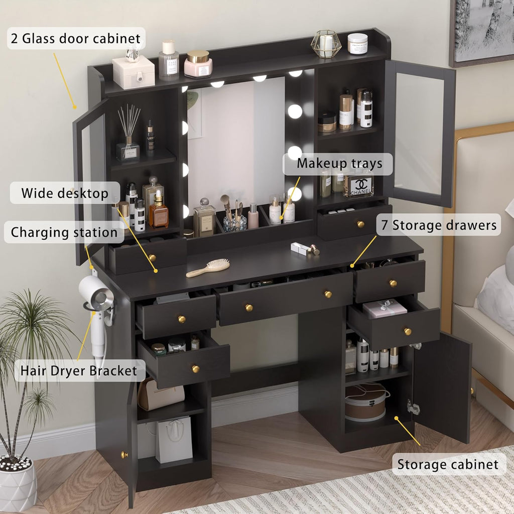Wodeer Vanity Desk with Mirror and Lights, 43' Black Makeup Vanity Set with 5 Drawers & Glass Cabinets, Power Outlet, Adjustable LED Lights & Makeup Tray, Dressing Table for Women & Girls Bedroom