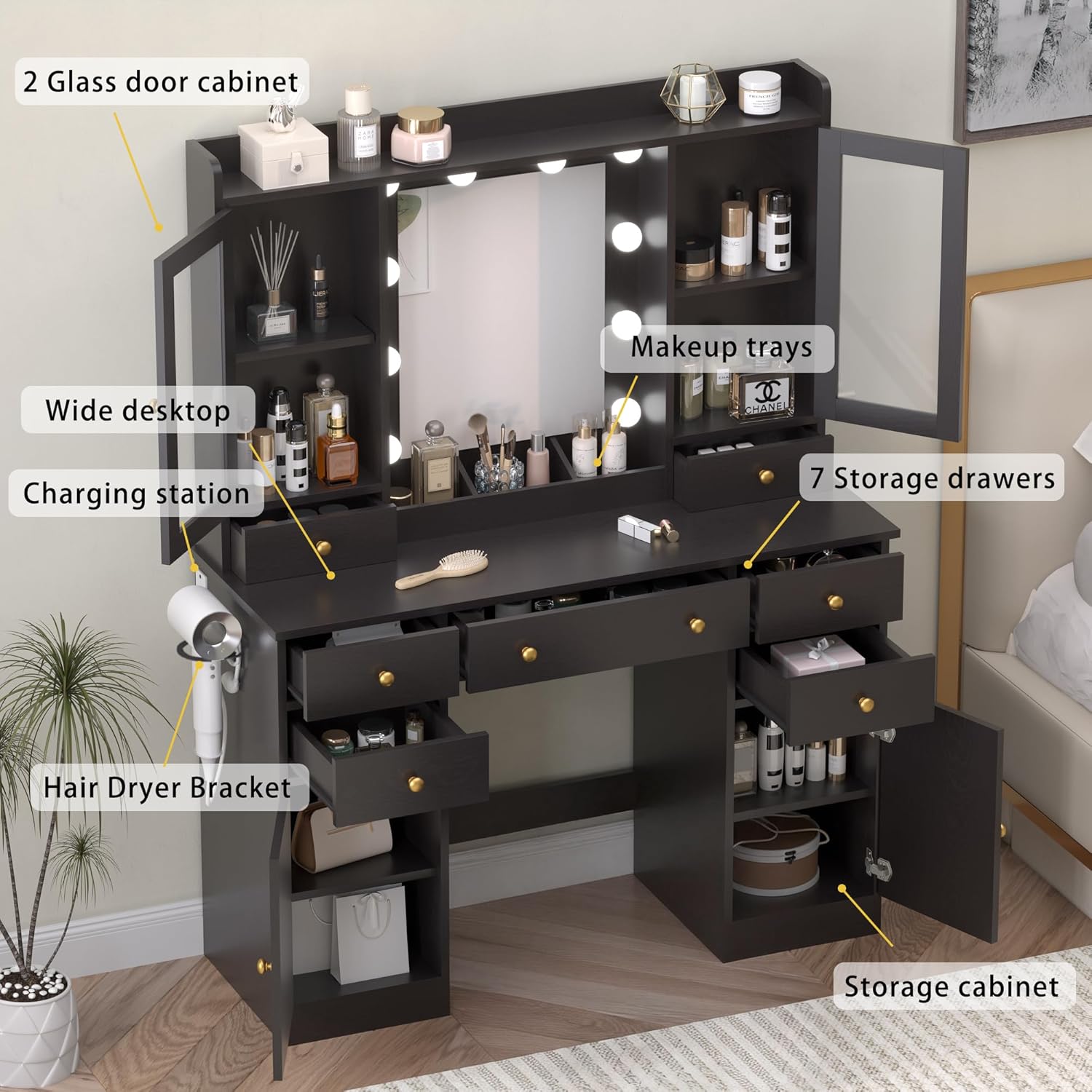 Wodeer Vanity Desk with Mirror and Lights, 43' Black Makeup Vanity Set with 5 Drawers & Glass Cabinets, Power Outlet, Adjustable LED Lights & Makeup Tray, Dressing Table for Women & Girls Bedroom