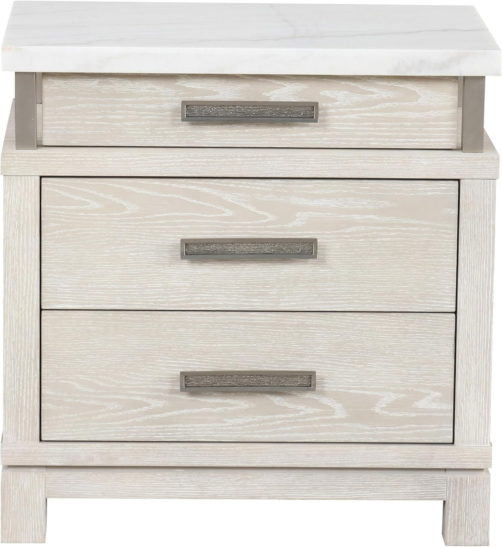 Furniture of America Bailer Modern Solid Wood 5-Piece Bedroom Set with LED on Headboard, Stainless Steal Posts and Marble Top on Nightstand, Box Spring Needed, King, Weathered Gray