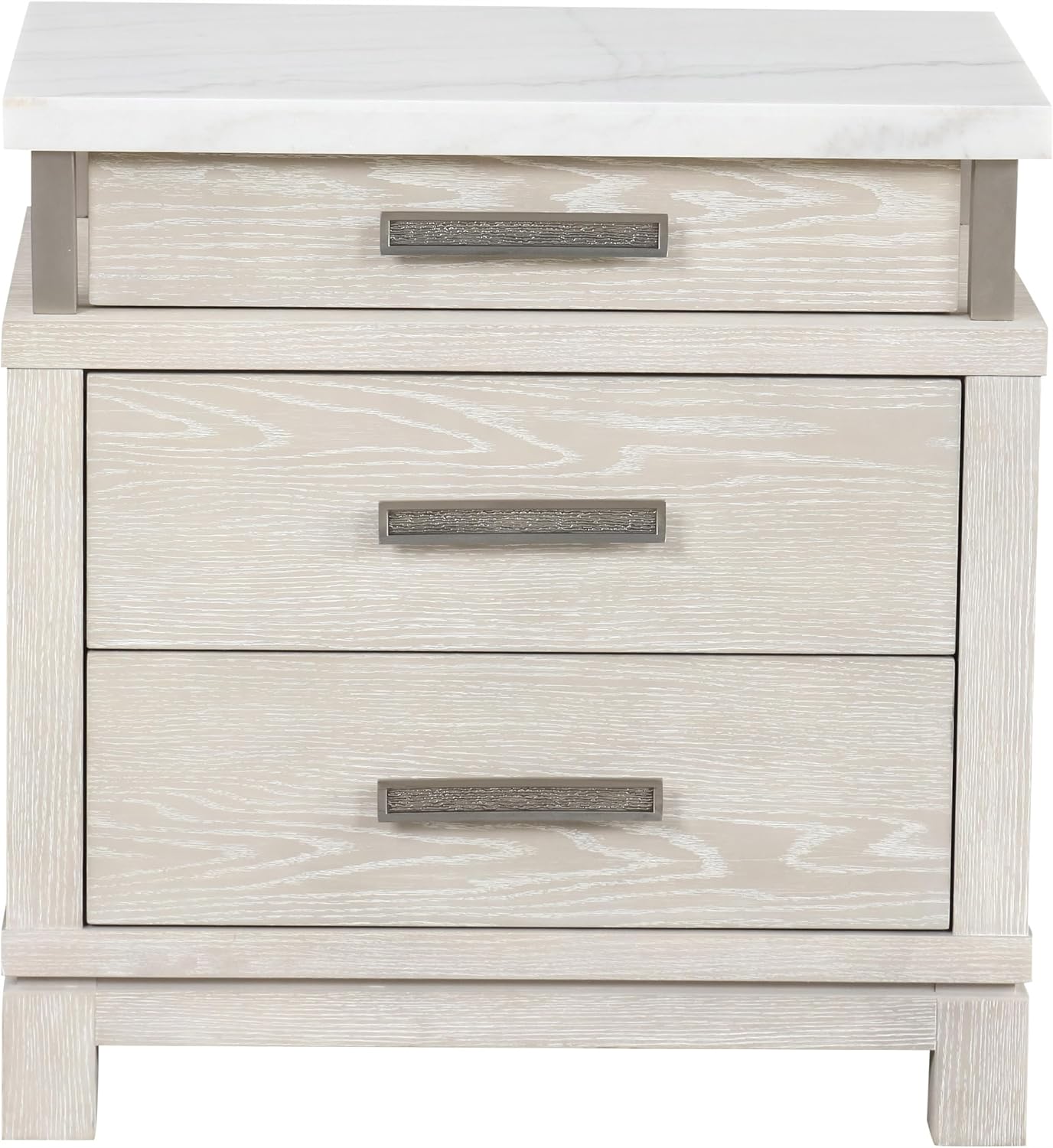 Furniture of America Bailer Modern Solid Wood 5-Piece Bedroom Set with LED on Headboard, Stainless Steal Posts and Marble Top on Nightstand, Box Spring Needed, King, Weathered Gray