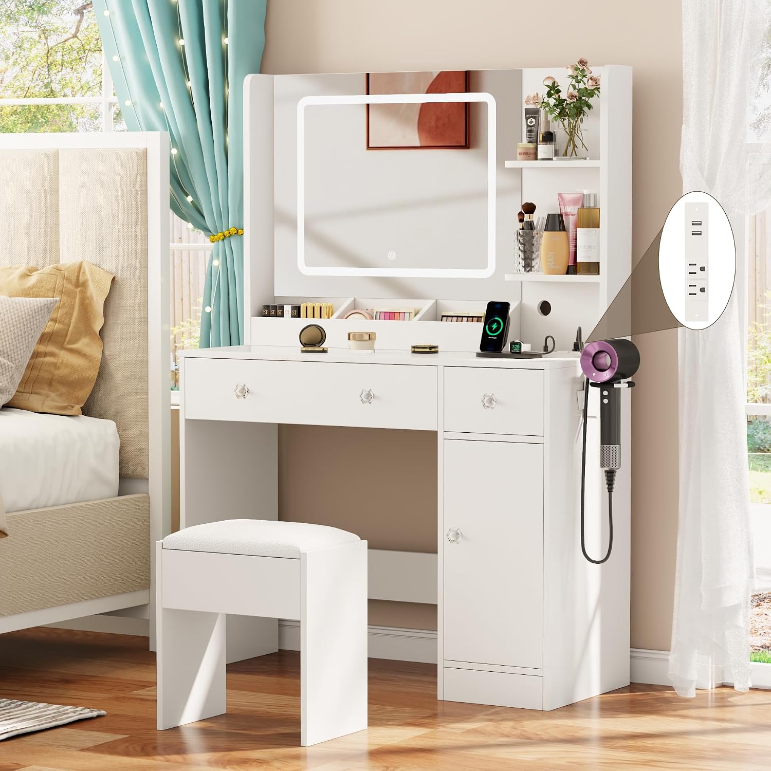 Makeup Vanity Desk with Mirror and Lights,Vanity Set with Mirror and Stool and Lights 3 Color,White Vanity Desk with Drawers,Make Up Table with Power Outlet,Dressing Table with Cabinet,Storage Shelves