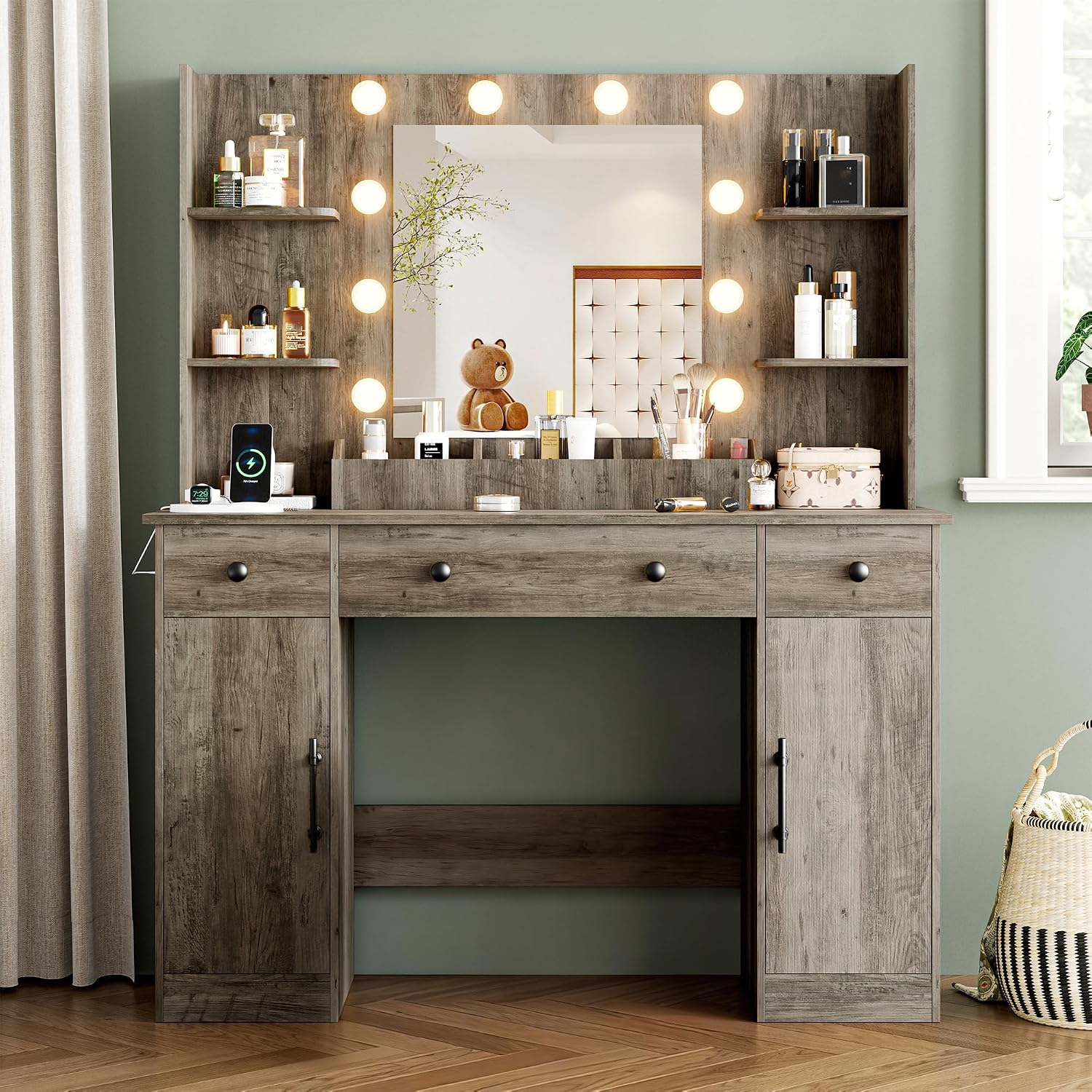 Vanity Desk with Mirror and Lights, 43'' Makeup Dressing Table Set with 5 Drawers & Power Outlet, 3 Lighting Modes Brightness Adjustable, Vanity with RGB Ambient Light for Women Girls Bedroom, Grey