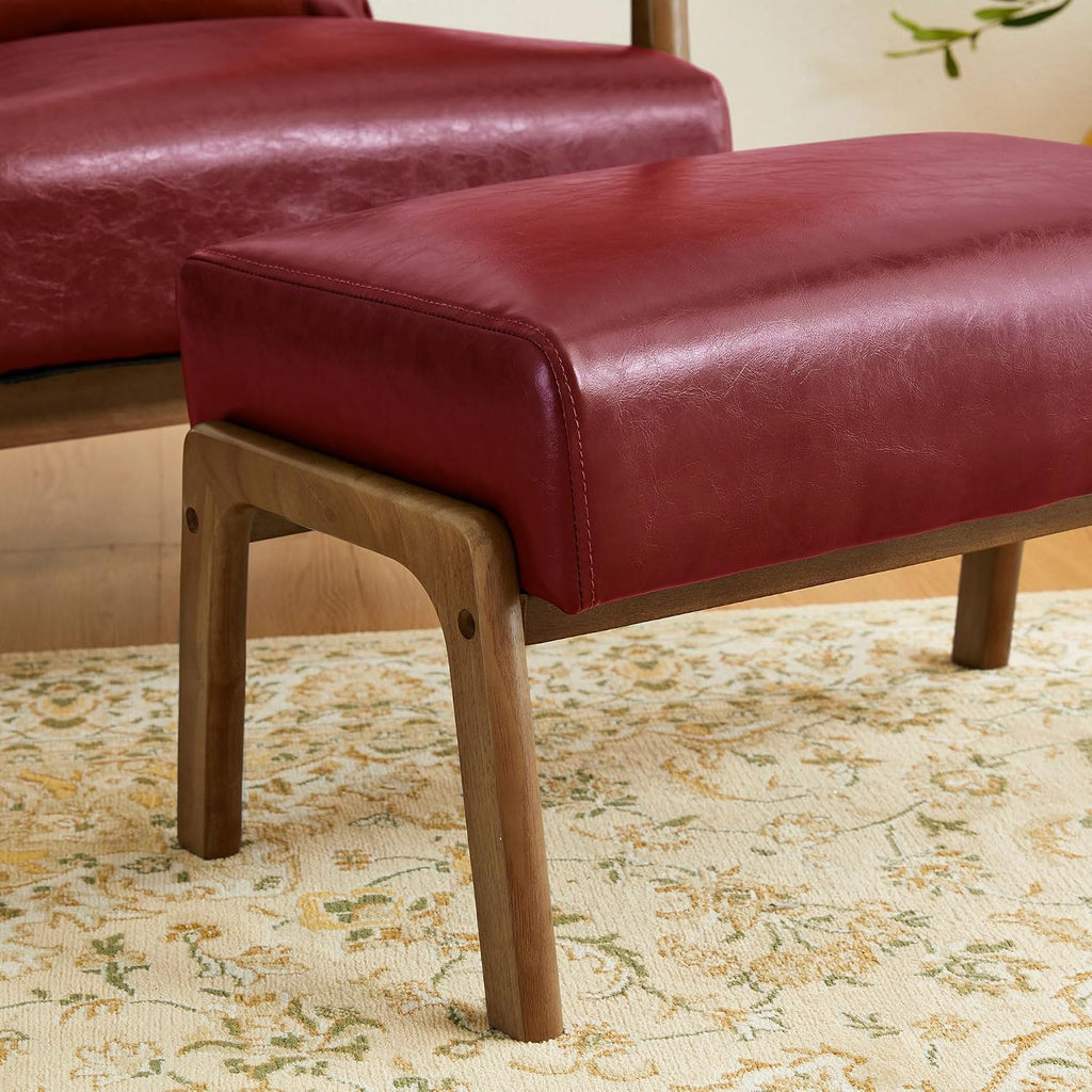 Glitzhome 2 Set Foot Stool Ottoman, Modern Leatherette Sofa Stool Vanity Chair with Rubber Wood Frame, Footrest Ottoman Bench for Living Room, Entryway, Wine Red