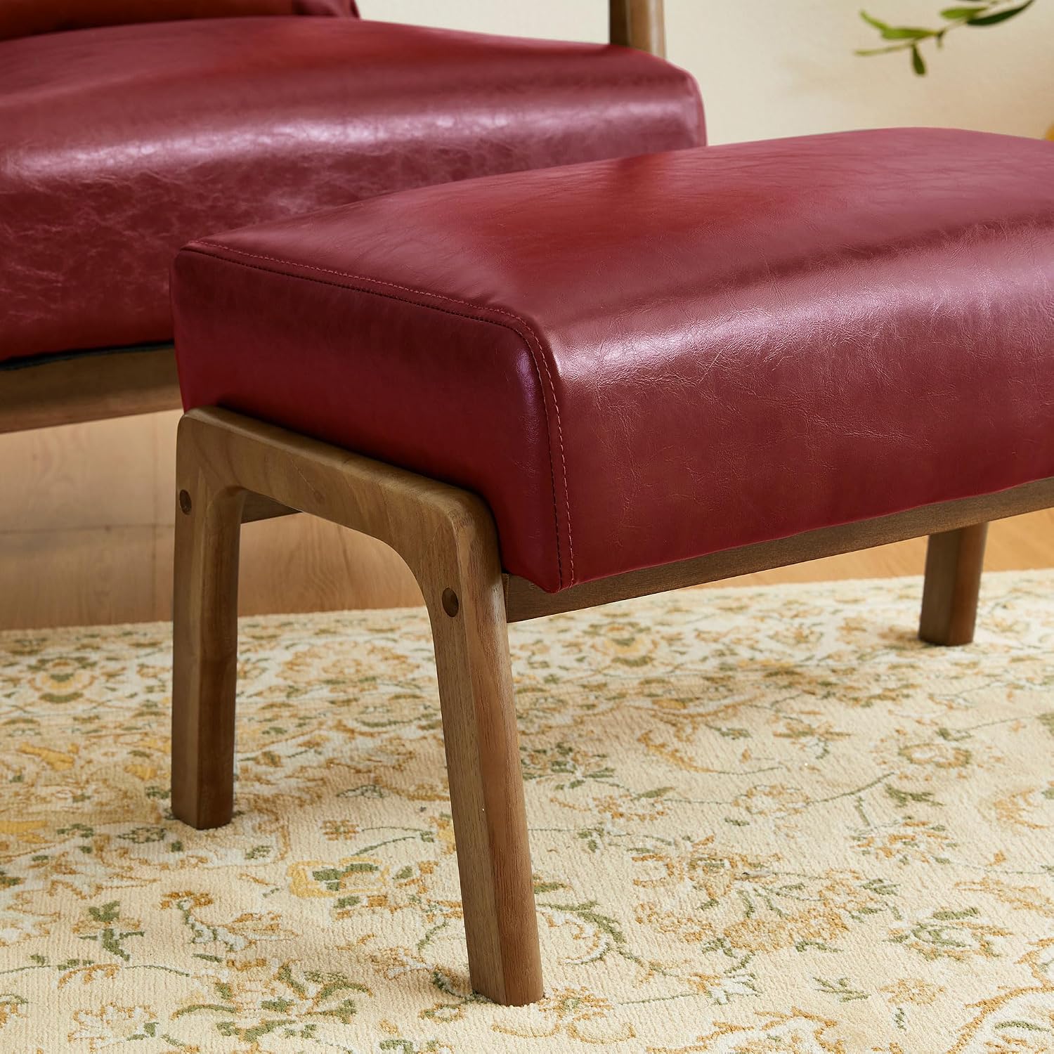 Glitzhome 2 Set Foot Stool Ottoman, Modern Leatherette Sofa Stool Vanity Chair with Rubber Wood Frame, Footrest Ottoman Bench for Living Room, Entryway, Wine Red