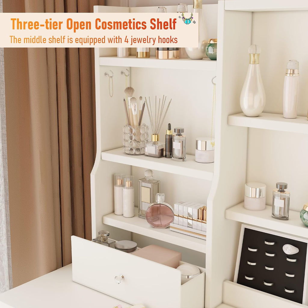 DYHOME Makeup Vanity Desk with LED Lights Mirror 3 Adjustable Modes and Power Outlets, Vanity Table with 6 Drawers Dresser and Bench, Makeup Desk for Bedroom Dressing Room, White