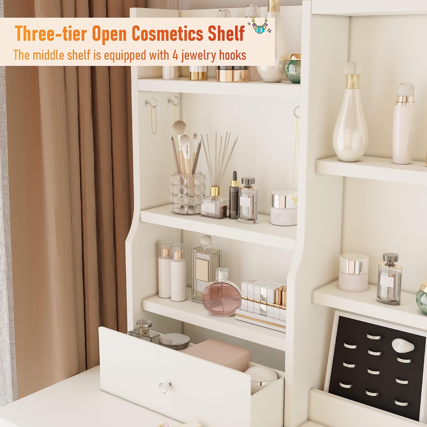 DYHOME Makeup Vanity Desk with LED Lights Mirror 3 Adjustable Modes and Power Outlets, Vanity Table with 6 Drawers Dresser and Bench, Makeup Desk for Bedroom Dressing Room, White