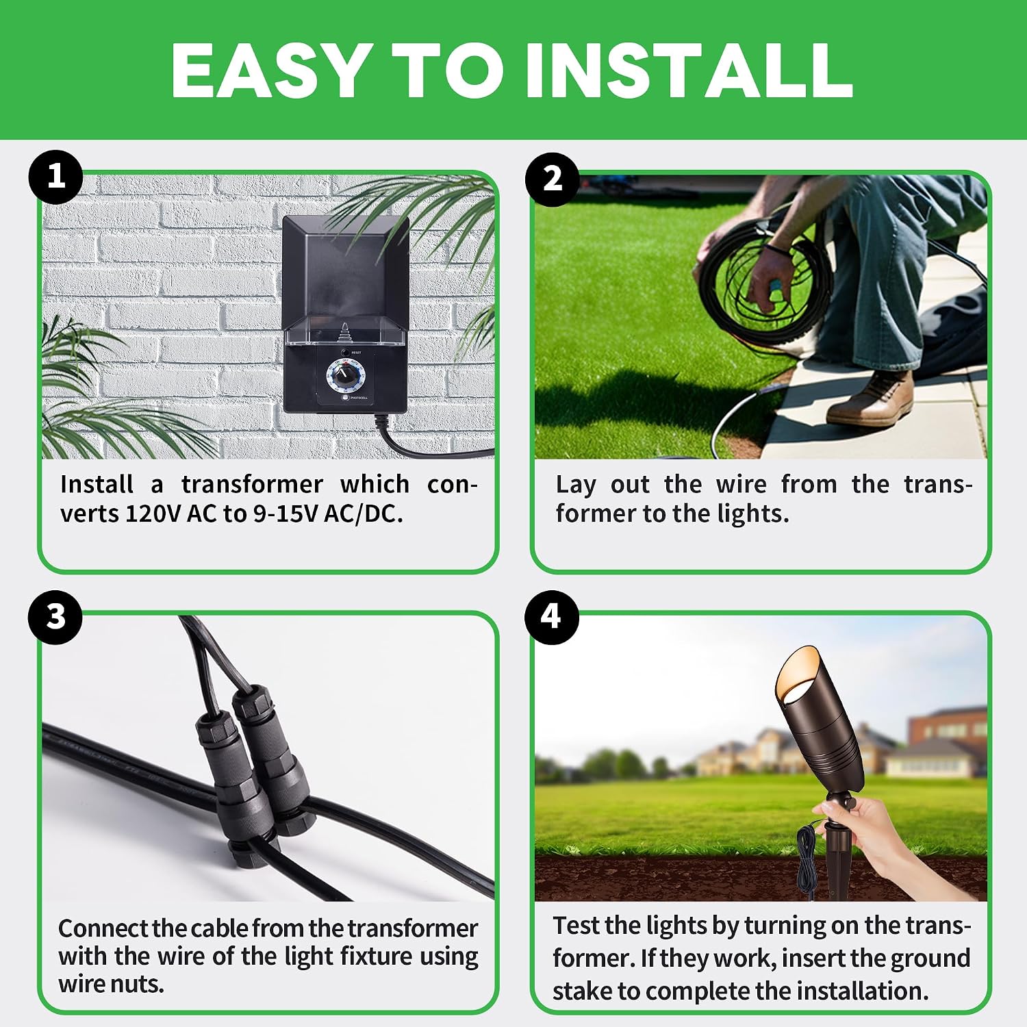 Low Voltage Landscape Lighting Kit, 4 Pack 3000K/4000K/5000K Adjustable Spotlights and 100W Transformer and 100FT Cable and 20 Wire Connectors, Aluminum ORB Waterproof Uplight for Tree Yard