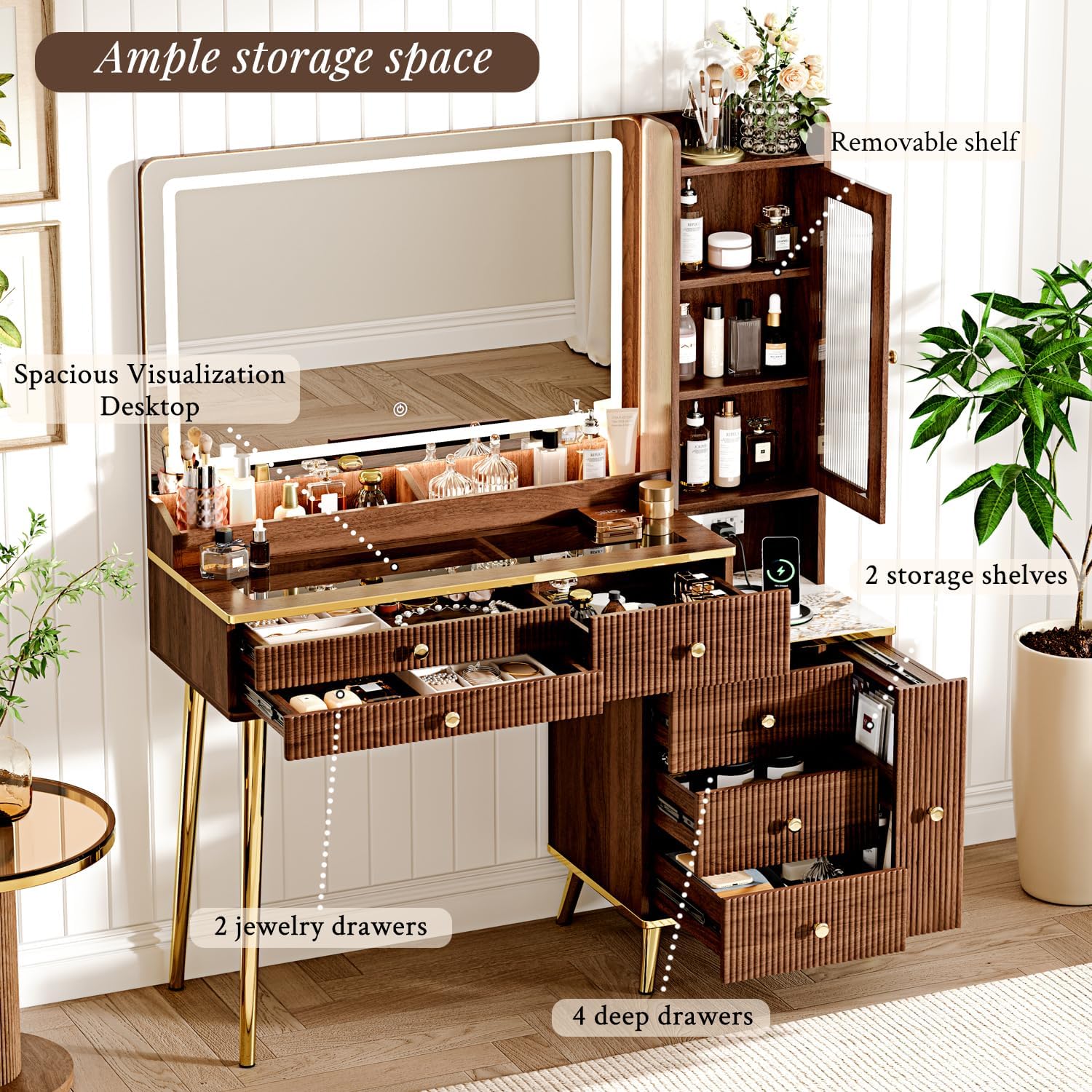 Arulvmrn Vanity Desk with 35.12' HD Lighted Mirror, 46.85' Big Modern Vanity Desk with Mirror and Lights, Makeup Vanity with 7 Drawers and Storage Shelves and Charging Station, Walnut