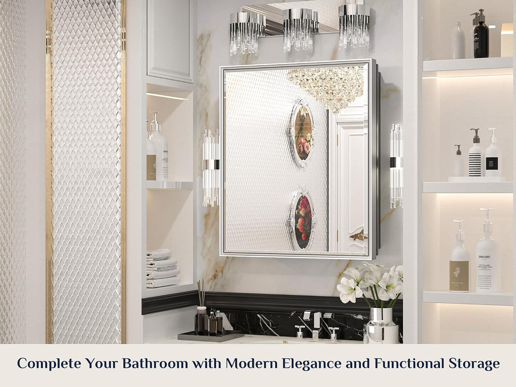 Keonjinn 21' x 27' Medicine Cabinet for Bathroom, Silver Recessed or Surface Wall-Mounted Aluminum Alloy Framed Beveled Mirror with Storage, Mirrored Cabinets with 2 Adjustable Shelves for Bath Modern