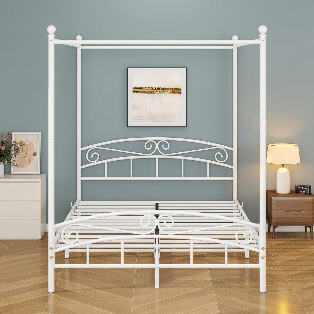 Metal Canopy Bed Frame with Headboard & Footboard Mattress Foundation Sturdy Slatted Structure No Box Spring Needed Easy Assembly, Queen White