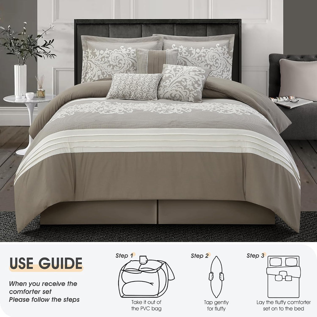 LANCO MODERN LIFESTYLE Taupe Comforter Set, Queen, Damask Jacquard with Matching Solid Piece Work, 7 Piece Soft Bedding Set for All Season, Bed Skirt, Pillow Shams and Decorative Pillows