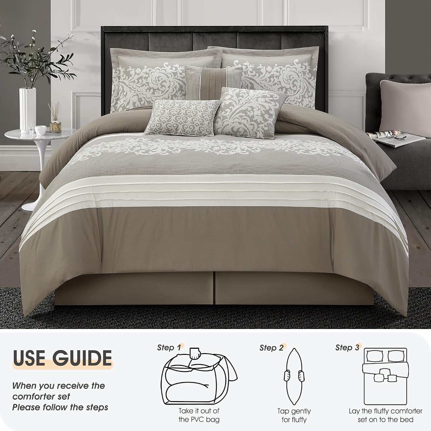 LANCO MODERN LIFESTYLE Taupe Comforter Set, Queen, Damask Jacquard with Matching Solid Piece Work, 7 Piece Soft Bedding Set for All Season, Bed Skirt, Pillow Shams and Decorative Pillows