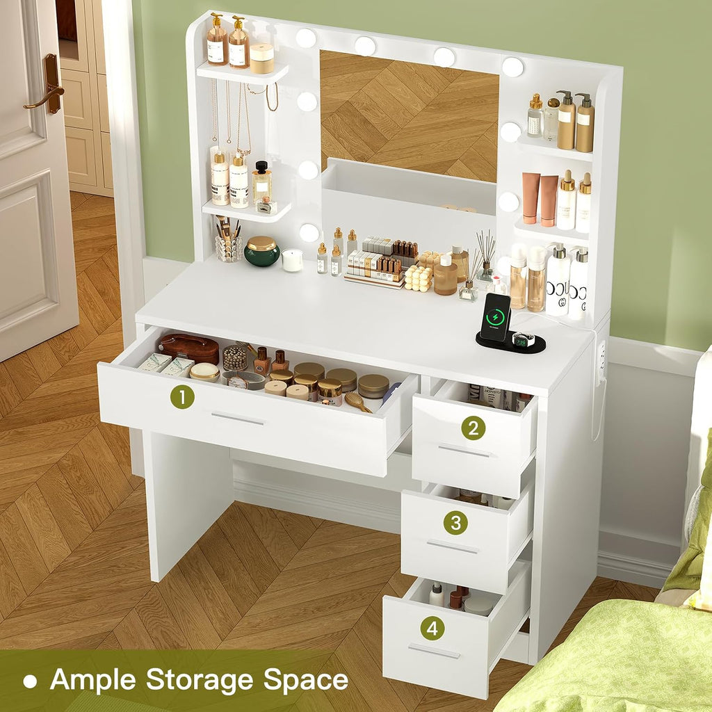 Quimoo Vanity Desk with Mirror and Lights, Makeup Vanity with Power Outlet and 4 Drawers & 6 Shelves & 5 Hooks, 3 Color Modes & Adjustable Brightness, White Vanity for Bedroom