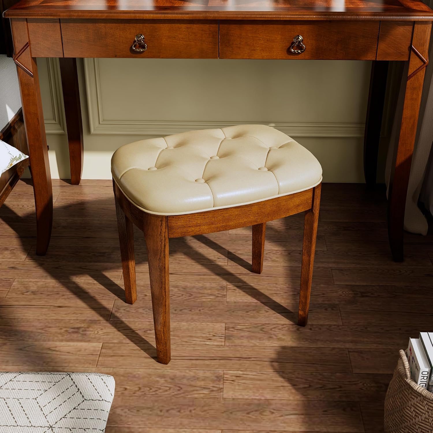 Vanity Stool with Padded Cushion, Vanity Bench with Wood Legs, Piano Bench Seat with with Solid Wood Legs, Backless Vanity Stool for Makeup Room, Bedroom, Dining Room and Study Room, Beige