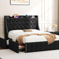 Upholstered Full Bed Frame with 4 Storage Drawers，Wingback Headboard with Charging Station, Diamond Stitched Button Tufted Design, No Box Spring Needed, Black
