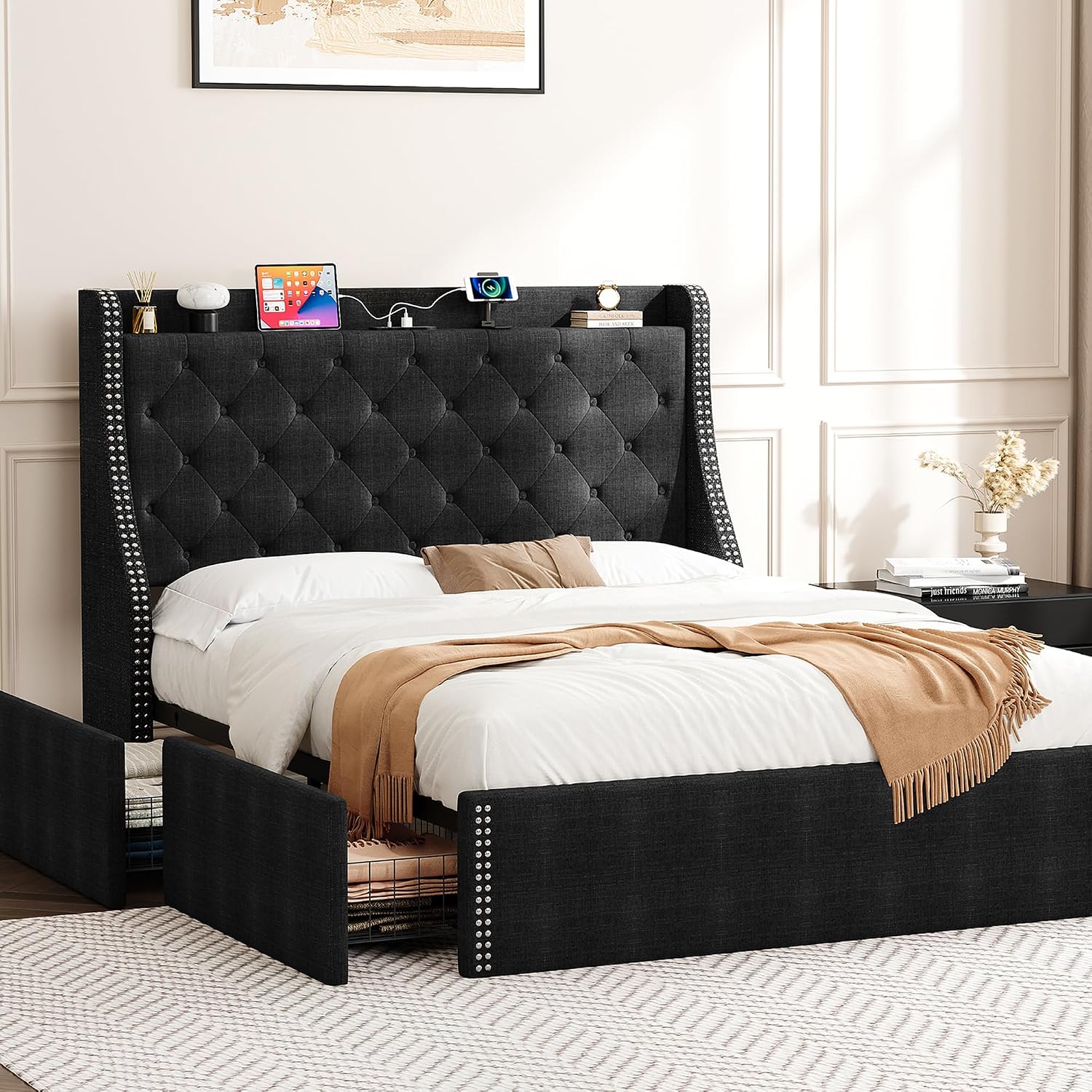 Upholstered Full Bed Frame with 4 Storage Drawers，Wingback Headboard with Charging Station, Diamond Stitched Button Tufted Design, No Box Spring Needed, Black
