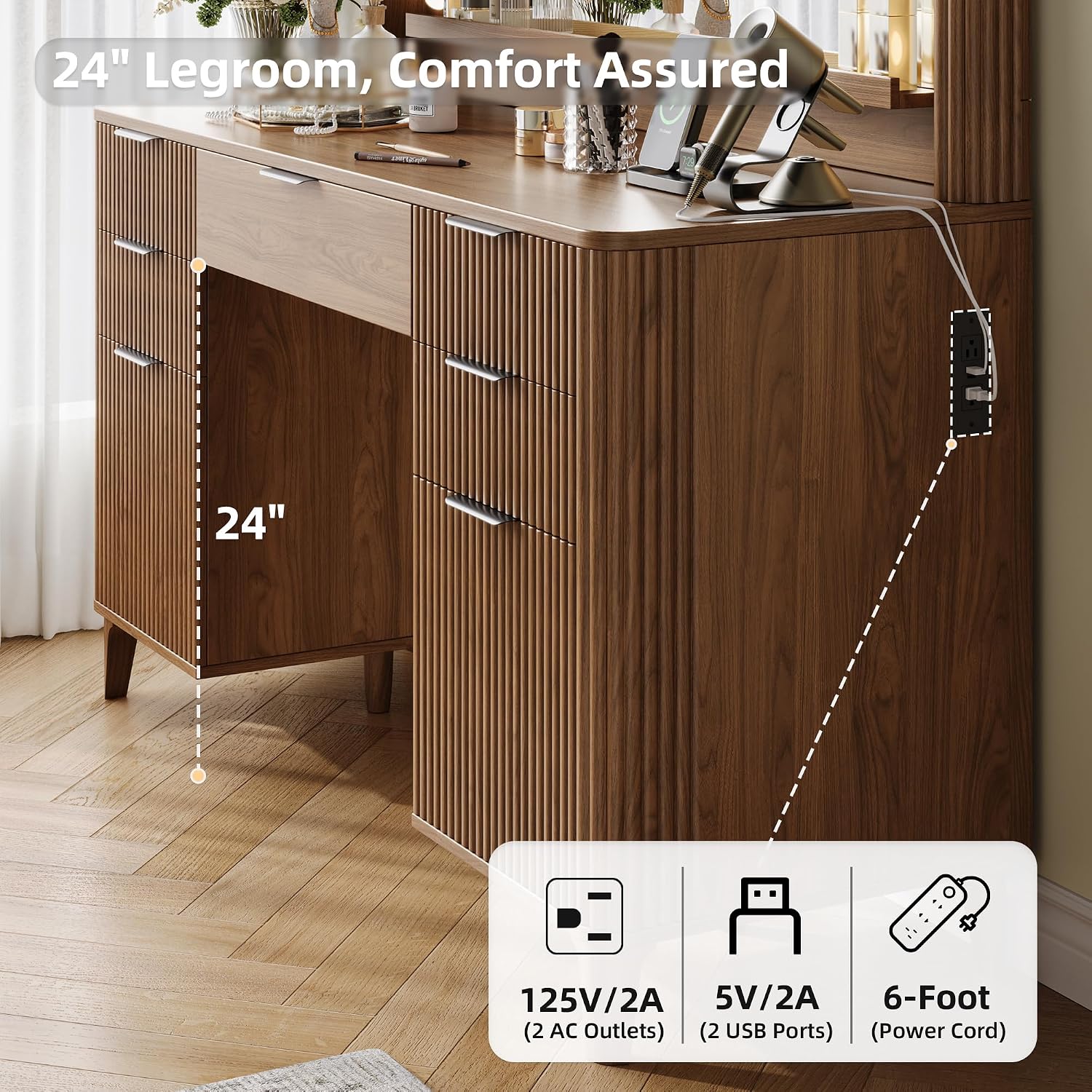 Fluted Makeup Vanity Desk with Large 39.3' Mirror and Lights, 48.8' Wood Vanity, Large Vanity Dressing Table, Modern Wooden Vanity Table for Women and Girls, Bedroom or Dorm (Walnut)