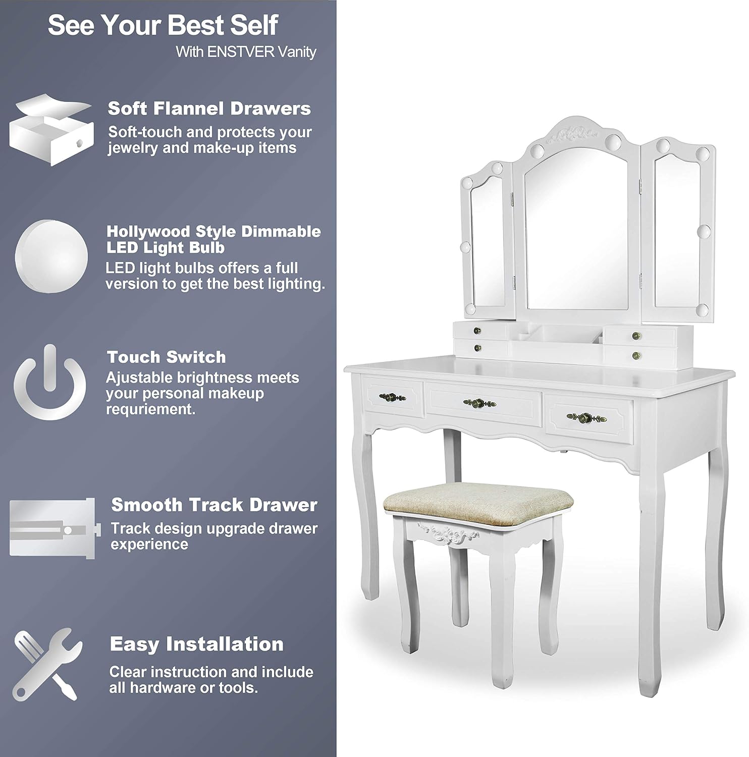 ENSTVER Vintage Vanity Desk with Mirror and Lights, Tri-Folding Mirrors, 6 Organization 7 Drawers Makeup Dress Vanity Table with Cushioned Stool-White