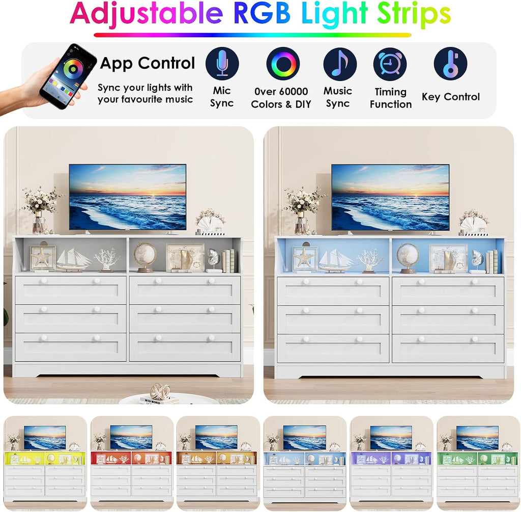 GarveeLife White Dresser for Bedroom with 6 Drawers, Large Wooden Bedroom Dressers with Power Outlet and Led Lights, 55 in Wide TV Dresser, Wood Modern 6 Drawers Dressers & Chests of Drawers for Room