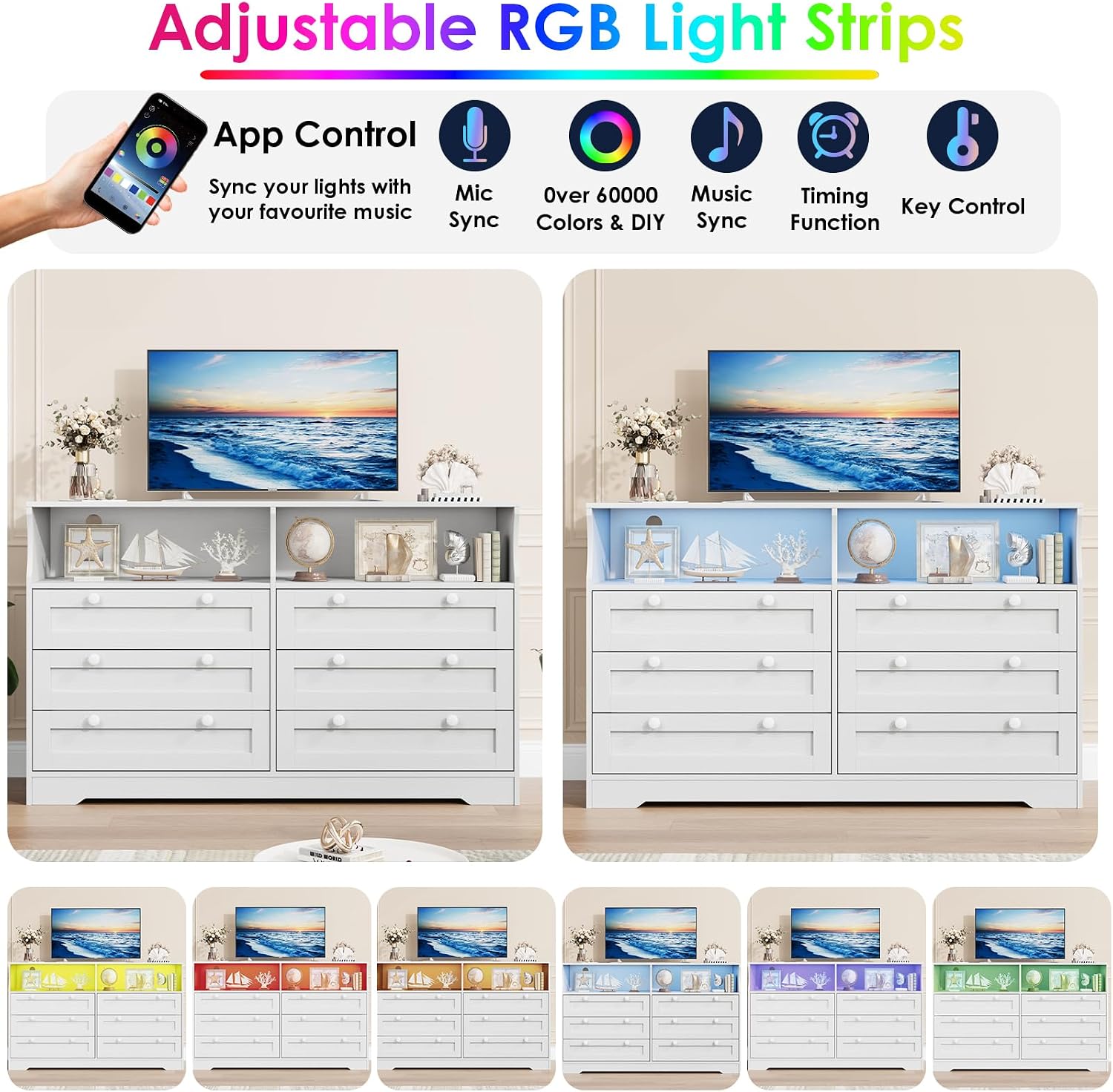 GarveeLife White Dresser for Bedroom with 6 Drawers, Large Wooden Bedroom Dressers with Power Outlet and Led Lights, 55 in Wide TV Dresser, Wood Modern 6 Drawers Dressers & Chests of Drawers for Room