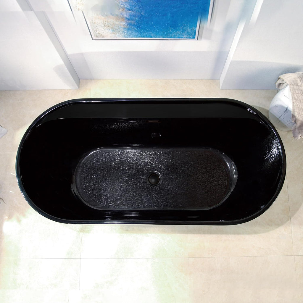 WOODBRIDGE 67' L x 31-1/2' W Freestanding Contemporary Acrylic Soaking Bathtub in Glossy Black Inside and Outside with Oil-Rubbed Bronze Drain & Overflow,B8863-ORB