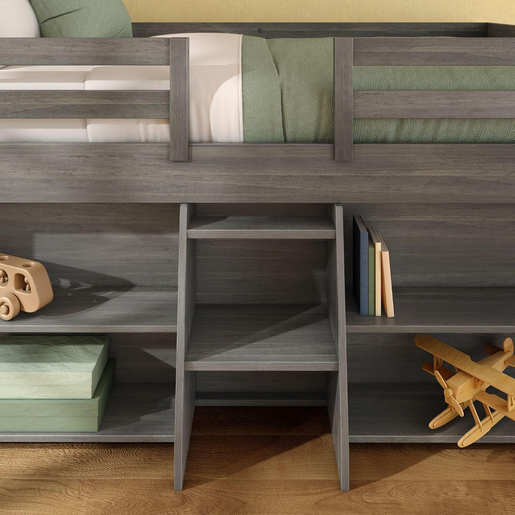 Max & Lily Modern Farmhouse Low Loft Bed, Twin Bed Frame for Kids with 2 Bookcases, Driftwood
