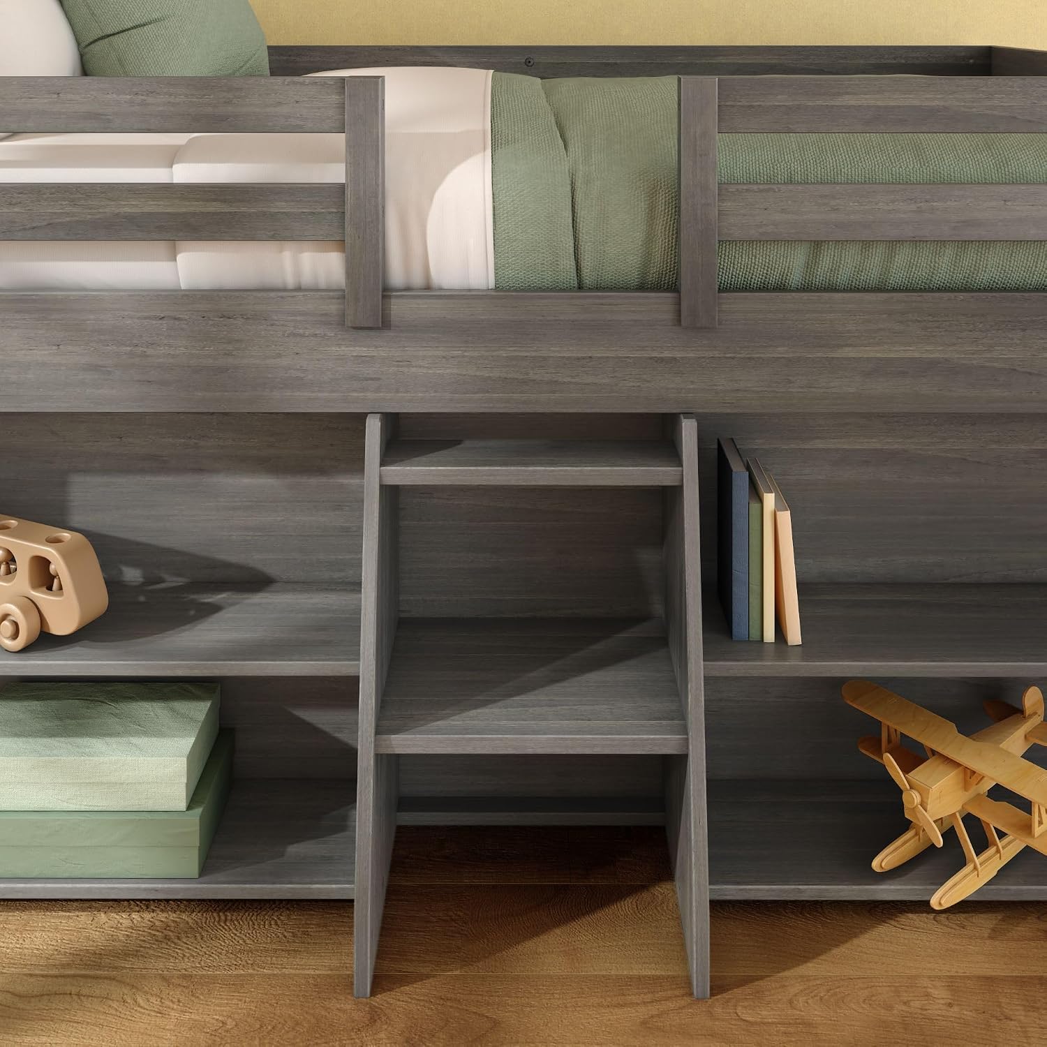 Max & Lily Modern Farmhouse Low Loft Bed, Twin Bed Frame for Kids with 2 Bookcases, Driftwood