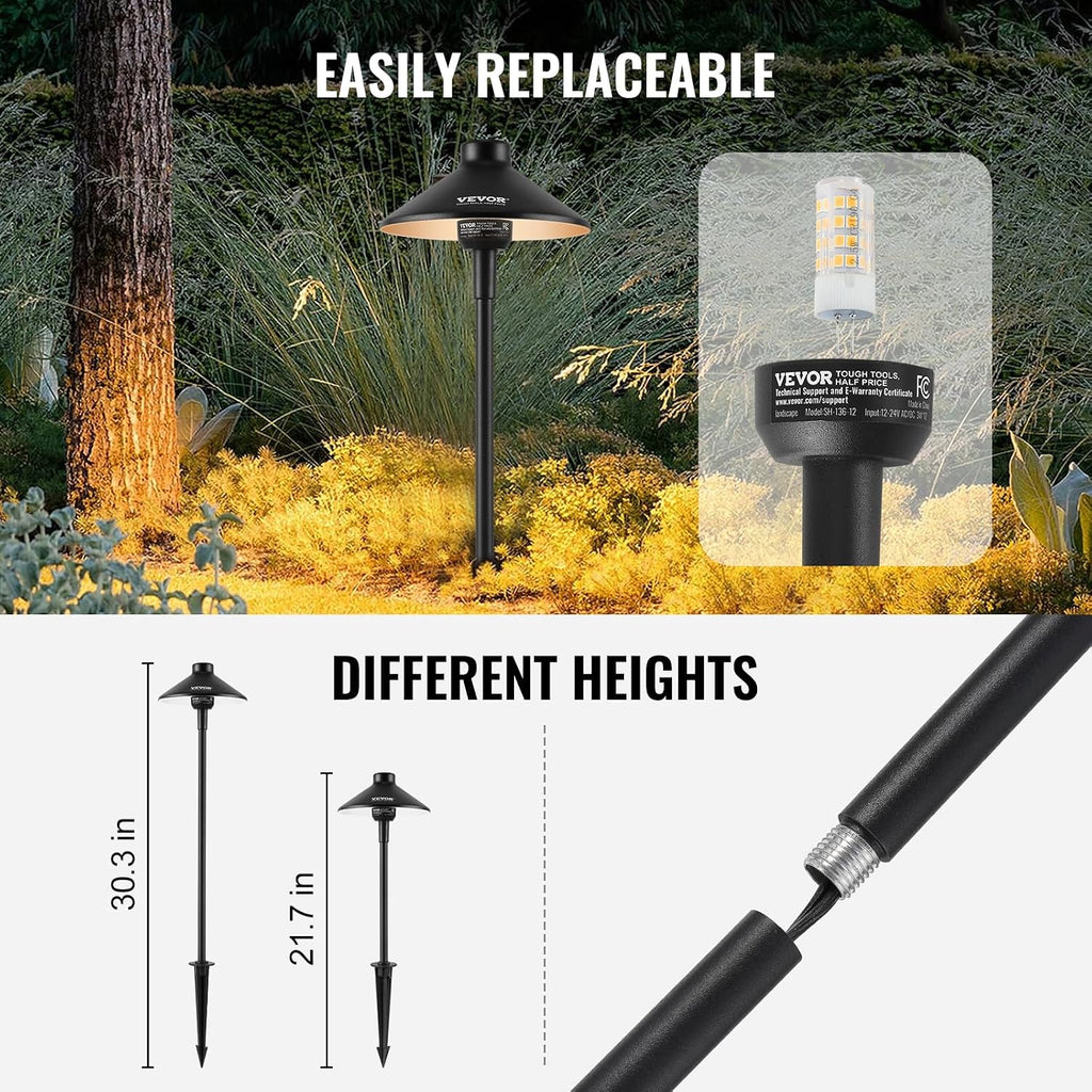 VEVOR 12 Pack Low Voltage Landscape Path Lights, 3W 210LM 12V-24VAC/DC Outdoor LED Pathway Lighting, 3000K Warm White Walkway Lights with Quick Connectors, IP66 Waterproof for Yard Garden Sidewalk