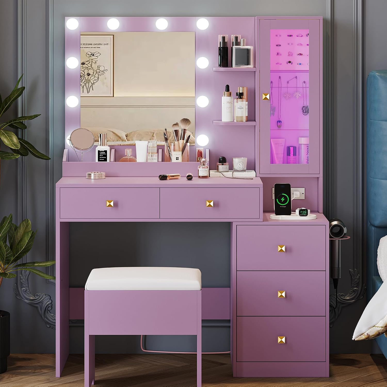 Vanity Desk with Mirror and Lights, Makeup Vanity Table Set with 5 Storage Drawers, Power Outlet & Chair, Small Dressing Table with RGB Ambient Light, Adjustable Brightness for Girls Bedroom, Purple