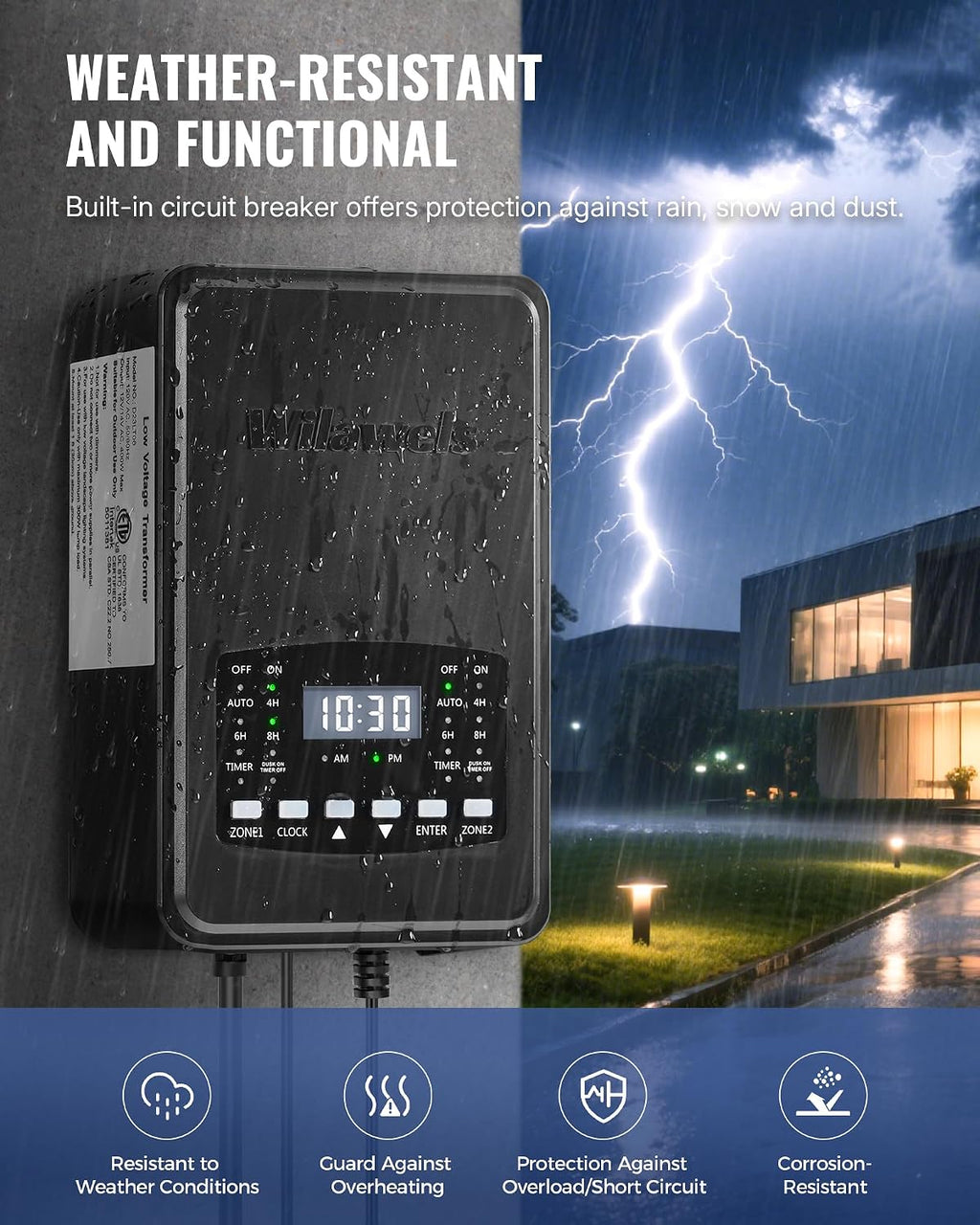 400W Low Voltage Landscape Transformer, 2 Zone Independent Control Landscape Lighting Transformer, 120VAC to 12/14V AC Low Voltage Transformer with Timer & Photocell Sensor ETL Listed D23LT06
