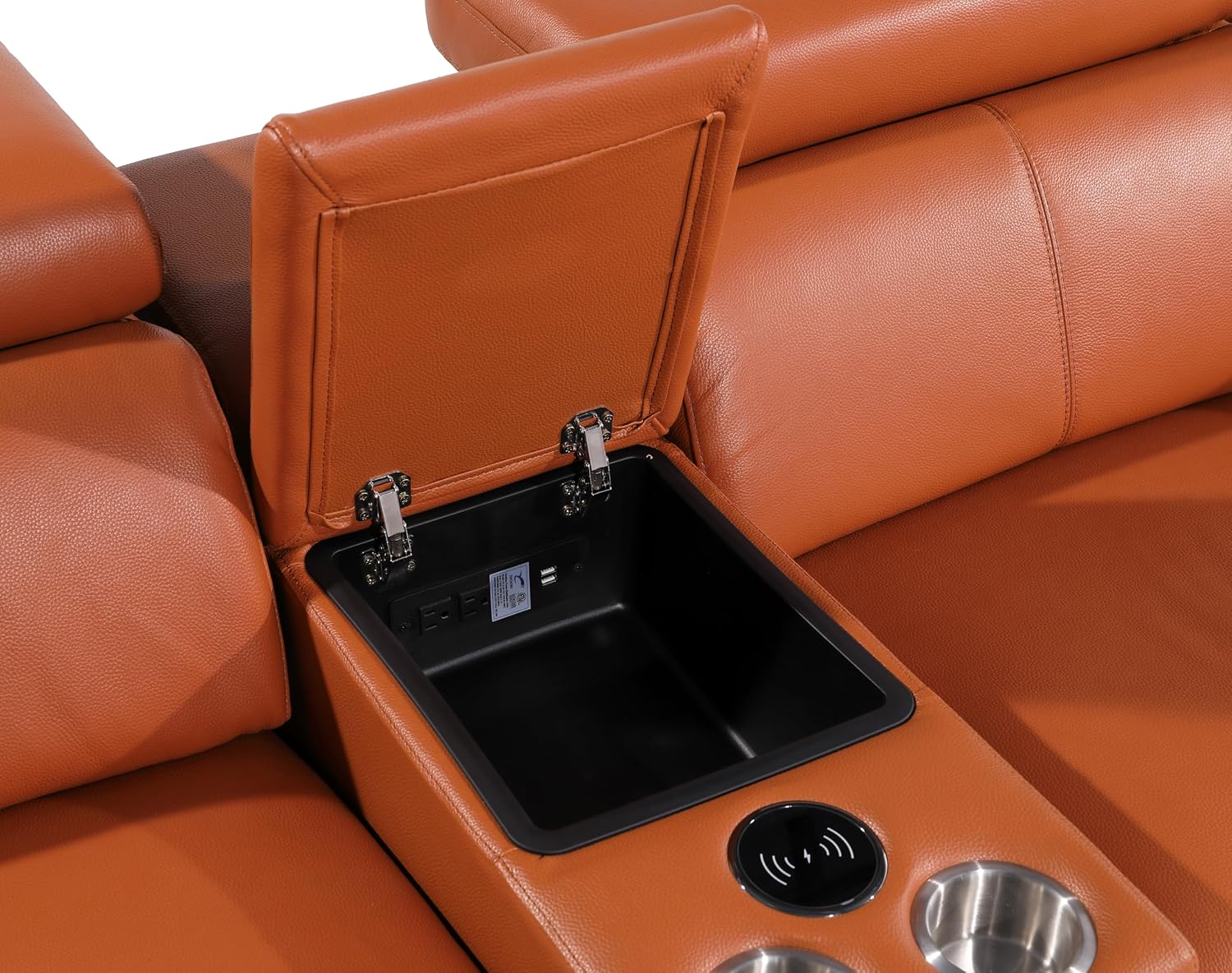 BlackJack Furniture Antonio 8 Piece U Shaped Power Reclining Sectional Sofa, Modular Couch with Top Grain Italian Leather, 4 Electric Recliners, USB & Wireless Chargers, Storage Console, Camel