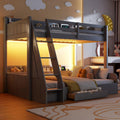 RUNNA Twin Over Full Bunk Bed with Storage Shelves, LED, Charging Station and a Drawer, Solid Wood Bunk Bed for Kids, Teens, Adults (Grey/LED)