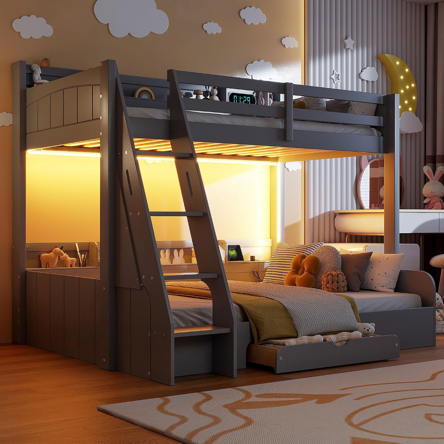 RUNNA Twin Over Full Bunk Bed with Storage Shelves, LED, Charging Station and a Drawer, Solid Wood Bunk Bed for Kids, Teens, Adults (Grey/LED)