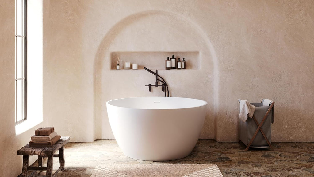 Kingston Brass KRTRO4545155DL 45' Solid Surface Round Double Ended Freestanding Tub with Faucet Combo and Drain, Oil Rubbed Bronze