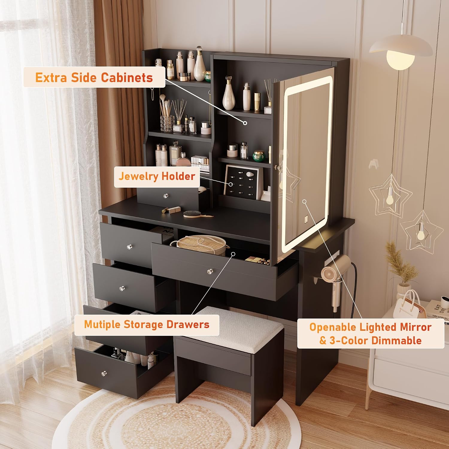 DYHOME Makeup Vanity Desk with LED Lights Mirror 3 Adjustable Modes and Power Outlets, Vanity Table with 6 Drawers Dresser and Bench, Makeup Desk for Bedroom Dressing Room, Black