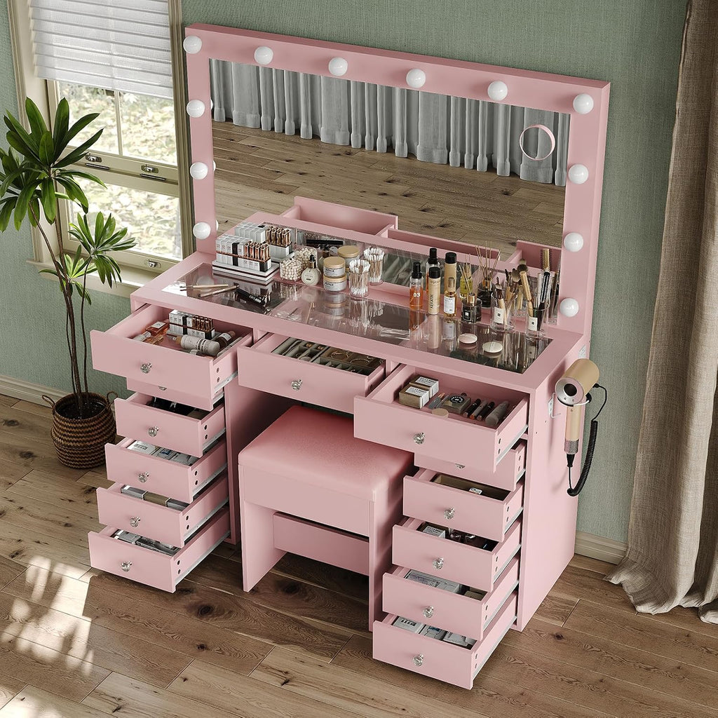 FUSOU 13 Drawers Vanity Desk, 47''W Makeup Vanity with Power Outlet, Vanity Table with Mirror and 12 LED Bulbs, 3 Color Lighting Modes, Glass Top, Dressing Table for Bedroom (Pink)