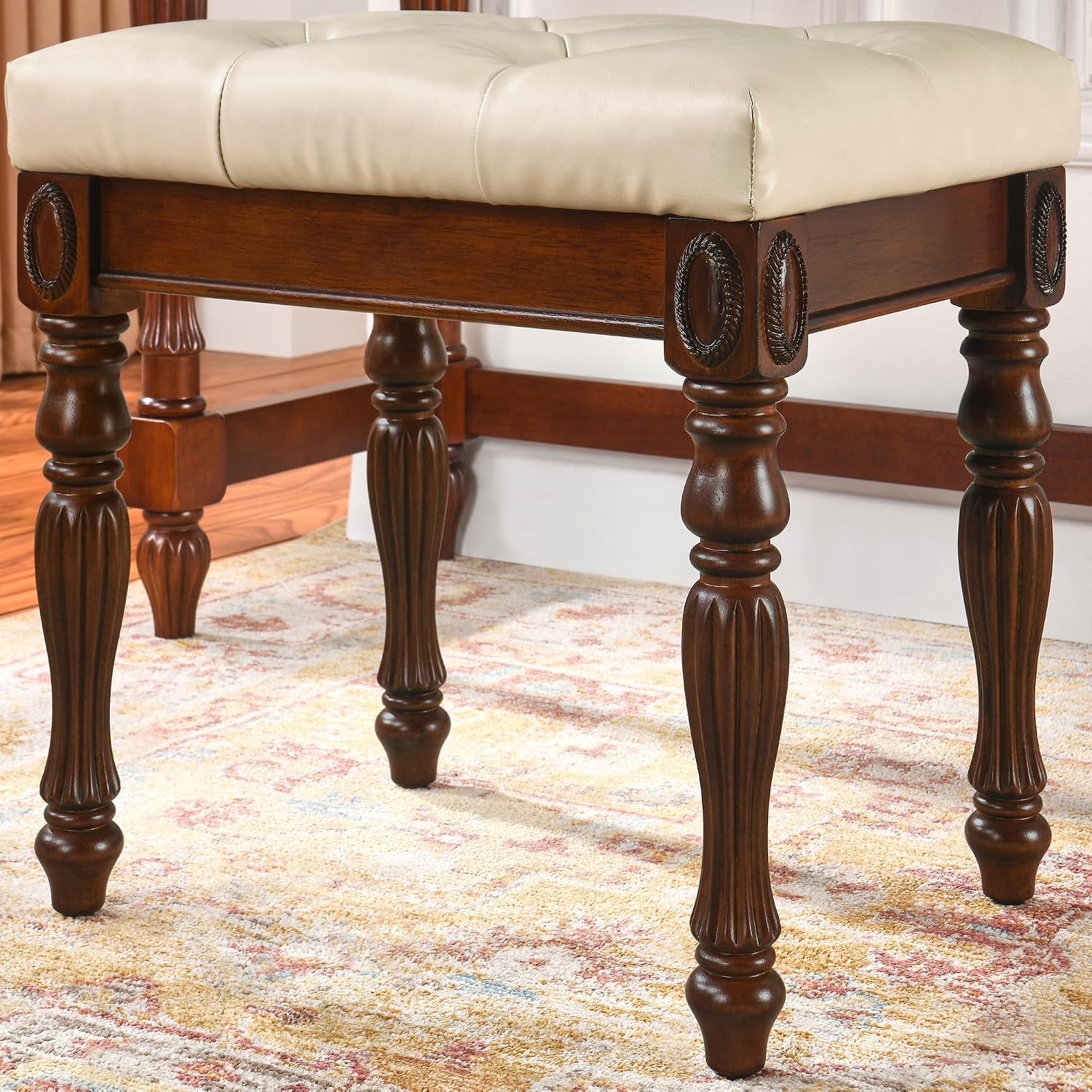 Solid Wood Upholstered Vanity Bench, Small Vintage Ottoman Leather Tufted Foot Stool with Padded Cushion Carved Footrest Rustic Legs for Bedroom Living Room 1533BG(Beige)