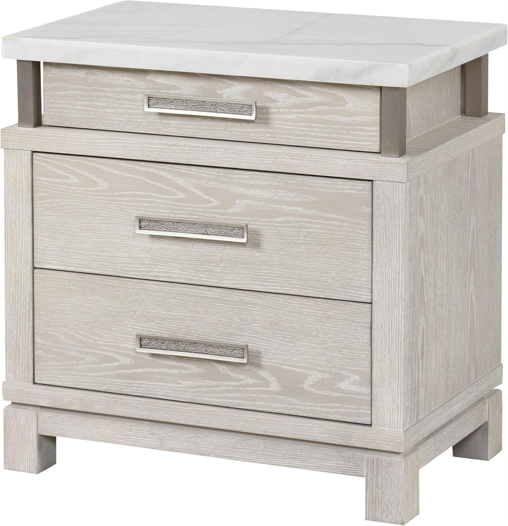Furniture of America Bailer Modern Solid Wood 5-Piece Bedroom Set with LED on Headboard, Stainless Steal Posts and Marble Top on Nightstand, Box Spring Needed, King, Weathered Gray