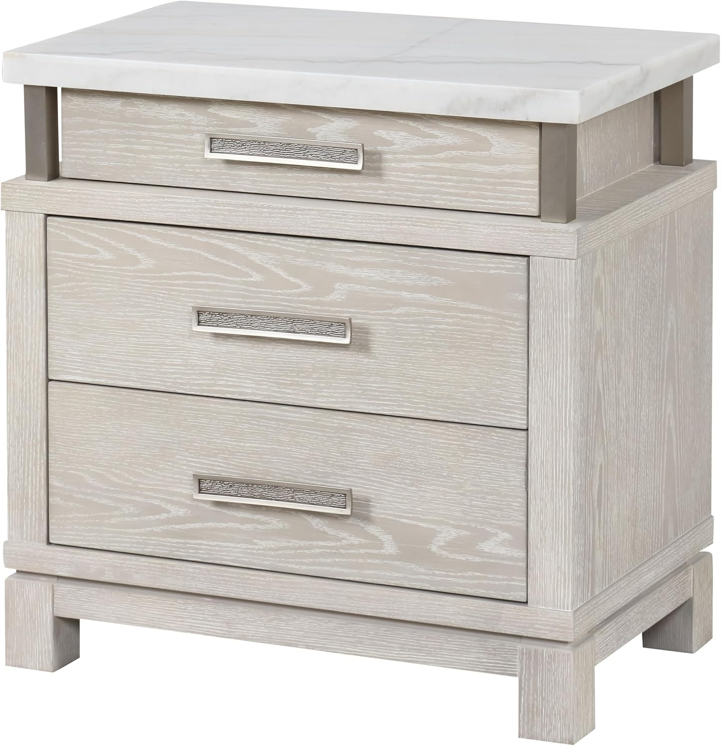 Furniture of America Bailer Modern Solid Wood 5-Piece Bedroom Set with LED on Headboard, Stainless Steal Posts and Marble Top on Nightstand, Box Spring Needed, King, Weathered Gray
