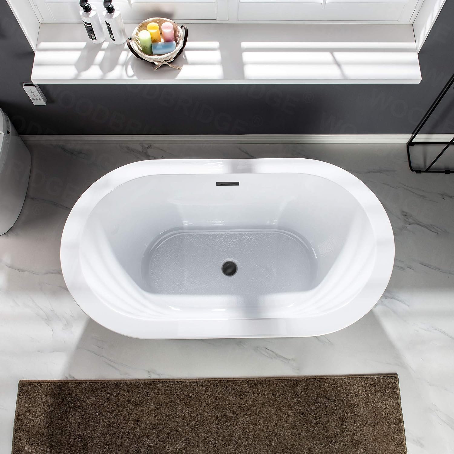 WOODBRIDGE 56' Acrylic Freestanding Bathtub Contemporary Soaking White Tub with Matte Black Overflow and Drain，B0088-MB-Drain&O