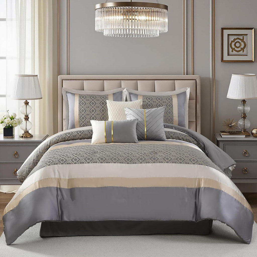 PANGUSHAN 7 Pieces Comforter Set Queen Size, Luxury Silky Elegant Jacquard Fluffy Reversible Bedding Set with Bed Skirt, Shams and Pillows, Bed in a Bag Queen, Down Alternative, Gray